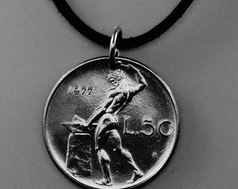 ITALY coin necklace . italian nude pendant. naked male.  blacksmith vulcan anvil . lira. mens jewelry CHOOSE YEAR  No.00967