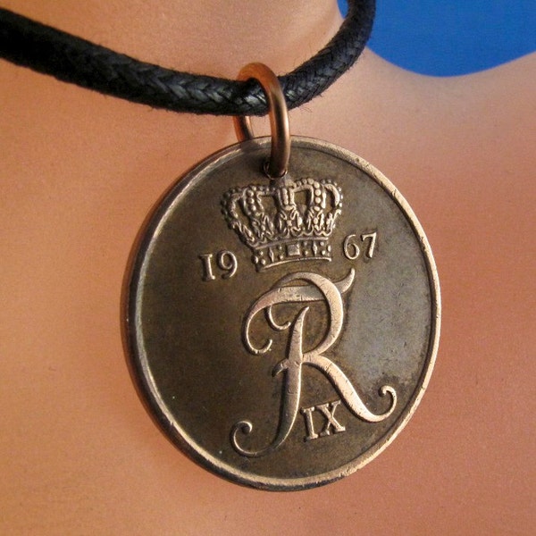 R monogram necklace. DENMARK COIN jewelry. coin necklace . mens R pendant.  Ore. Charm. Denmark Pendant.  danish crown. No.001244