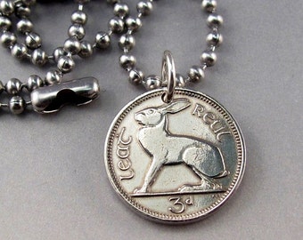 IRELAND rabbit necklace. irish Coin  jewelry . hare coin chain.  birth YEAR  anniversary No.00925