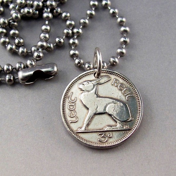 1966 NECKLACE -  IRELAND hare coin charm pendant -  celtic rabbit  No.00925