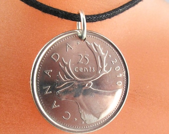 Canada Caribou  necklace / Canadian coin necklace / animal coin / quarter / hunter gift / mens coin / mens pendant  No.001312