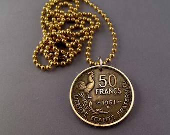 FRANCE COIN NECKLACE Franc Liberate Egalite Fraternite coq coq pendentif. français franc . Bird Coin 1951 1952 1953 No.00903