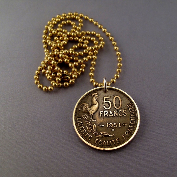 FRANCE COIN NECKLACE Franc Liberate Egalite Fraternite rooster cock pendant. french franc . Bird Coin 1951 1952 1953 No.00903