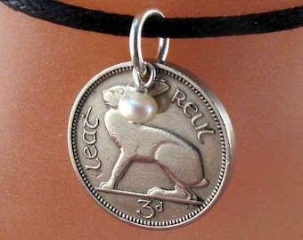 IRELAND Coin necklace. bunny and harp with pearl pendant. Ireland rabbit charm.  gift for her.  hare pendant  Celtic Music Eire
