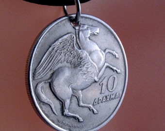 pegasus GRIEKSE MUNT KETTING hanger Griekenland. gevleugeld paard. munt sieraden. charme. feniks. mythe. mythologie. Griekenland. 1973.  drachme nr. 00892