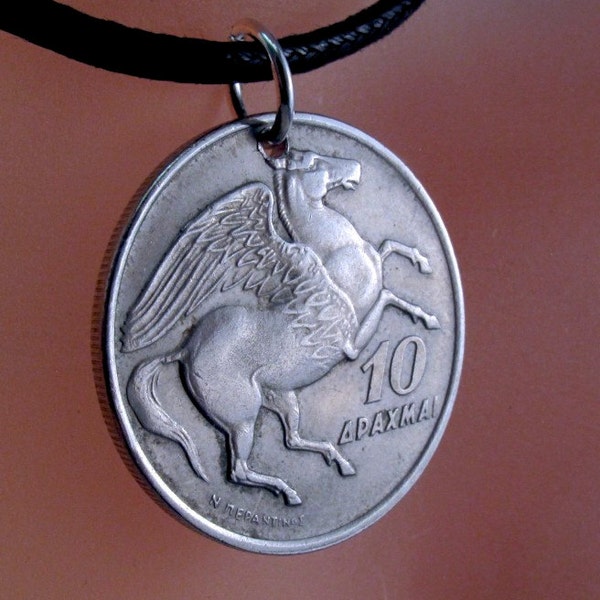 pegasus GREEK COIN NECKLACE pendant Greece. winged horse. coin jewelry. charm. phoenix. myth. mythologhy . greece . 1973 .  drachma No.00892