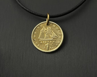 GRIEKENLAND ketting. GRIEKSE muntsieraden. COIN-ketting. zeilende ketting. herenketting. drachme. Bouboulina.  ketting nr. 001499