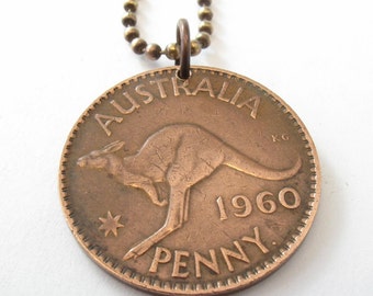 kangaroo necklace . coin jewelry. AUSTRALIA  KANGAROO coin necklace Pendant . australian . penny necklace. choose YEAR  . No.00680