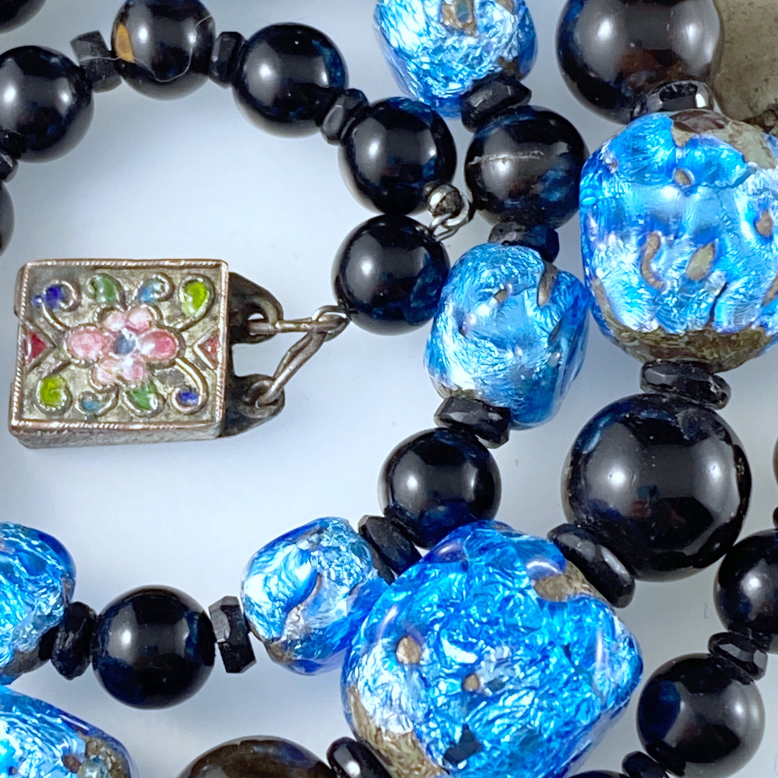 Antique Chinese Peking Foil Glass Bead Necklace. Blue Foil