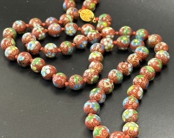 Vintage Chinese Cloisonne  Bead Necklace .  30 Inch Hand Knotted Brown Enamel Beads  Rust Flowers.   No.00401