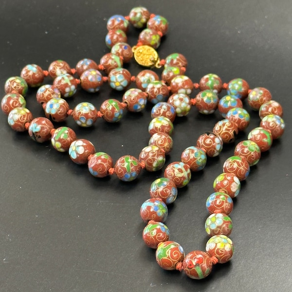 Vintage Chinese Cloisonne  Bead Necklace .  30 Inch Hand Knotted Brown Enamel Beads  Rust Flowers.   No.00401
