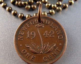 Vintage NEWFOUNDLAND coin necklace . orchid pendant. Ladyslipper. Canada Coin Charm. Botanist gift NO.00986
