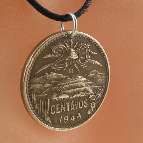 Pyramid necklace. Mexico necklace . Mexican coin jewelry . Mexico charm.  Aztec pendant. coin pendant. coin charm. Mens coin jewelry No.0088