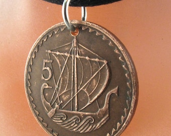 Ancient boat NECKLACE.  Cyprus ship COIN . greek Turkey  charm.  sail boat.. mens jewelry.  Mens coin pendant No.001112