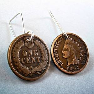 Vintage PENNY-örhängen. Antika penny-smycken. Amerikanskt indianhuvud. Vetepenny. USA-smycken, gåva nr 00834 bild 1