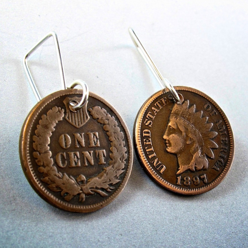 Vintage PENNY-örhängen. Antika penny-smycken. Amerikanskt indianhuvud. Vetepenny. USA-smycken, gåva nr 00834 bild 1