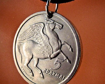 GREEK COIN NECKLACE   pendant . pegasus. winged horse.  coin jewelry . charm greece . 1973 .  drachma No.00892