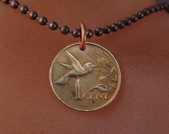 HUMMINGBIRD necklace Bird Jewelry. Hummingbird Jewelry.Hummingbird Charm.Bird lover Gift.Bird coin necklace,Trinidad .Tobago No.001188