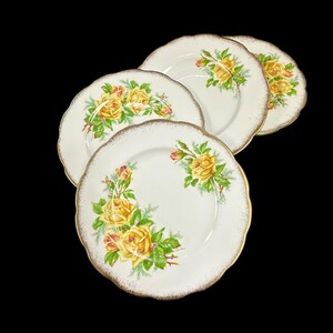 4 Royal Albert Tea Rose  7 1/8 inch plates  -  dessert  pie  plate made in England |  yellow rose plates