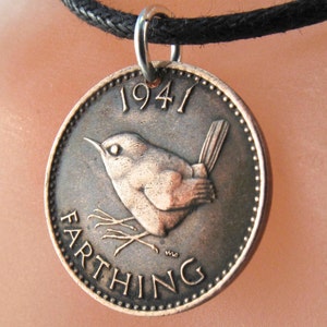 ENGLAND COIN NECKLACE wren coin jenny coin bird charm pendant England sterling bail . Choose birth Year . personalize . No.00926 image 1