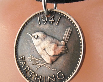 ENGLAND COIN NECKLACE  wren coin jenny coin bird charm pendant England sterling bail . Choose birth Year . personalize . No.00926