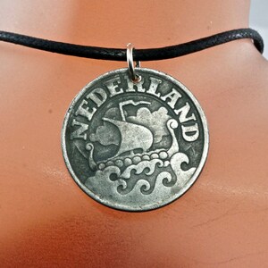 1940s COIN NECKLACE NETHERLANDS. Amsterdam  jewelry. dutch pendant cent . viking ship . eco-friendly. recycled  No.001940