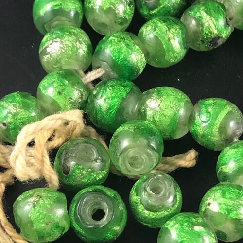 Antique green FOIL GLASS beads. art glass Beads . No.00740 cs shops
