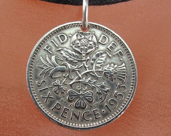 Birth year Sixpence Necklace . ENGLAND coin charm. lucky coin. bridal wedding coin. choose year  UK No.00750