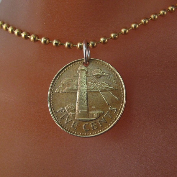 BARBADOS coin necklace / nautical necklace / sailing gift /   coin jewelry /  lighthouse pendant . chain.  mens coin necklace No.001371
