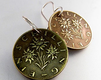 Edelweiss earrings //  AUSTRIA jewelry // Sound of Music gift //  coin earrings //  flower earrings No.00367