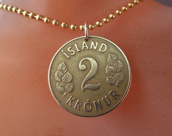 ICELAND NECKLACE . coin jewelry. pendant.  2 kronur. vintage icelandic charm pendant . chain.  1963 birth year   No.001038