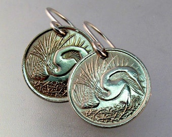 swan  earrings - swan  JEWELRY -  bird earrings -  SINGAPORE coin - birdwatcher gift - coin earring.  No.1416