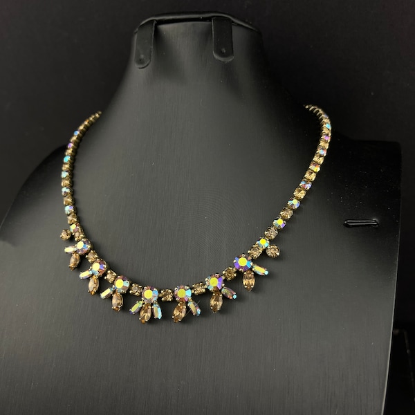 Signed SHERMAN Rhinestone Necklace. Topaz Aurora Borealis Sherman  Necklace Choker Swarovski Crystal   NO.00430