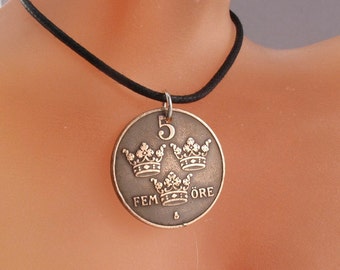 Vintage SVERIGE halsband / Svenskt mynthalsband / Sverige Ore / fädernesland / fosterland / 3 kronor. Nr 0090