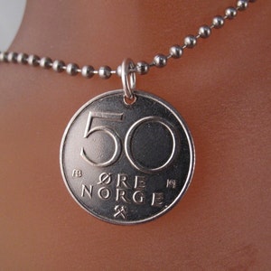 NORWAY JEWELRY. Norway coin NECKLACE. Norwegian pendant. ore . number 50. viking. lion. shield. norse. Norge. mens coin necklace No.001362 image 2