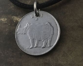 INDIA RHINO coin necklace Pendant | indian paise 2001 animal coin | rhinoceros jewelry No.00949