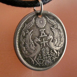 ANTIQUE japan COIN NECKLACE jewelry . pendant. silver . bird phoenix japanese. chrysanthemum silver. 50 sen . asian. mens No.001126