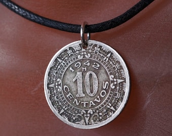 AZTEC CALENDAR necklace. mayan  coin necklace. MEXICO charm. mexican pendant .  Mens coin pendant No.00222