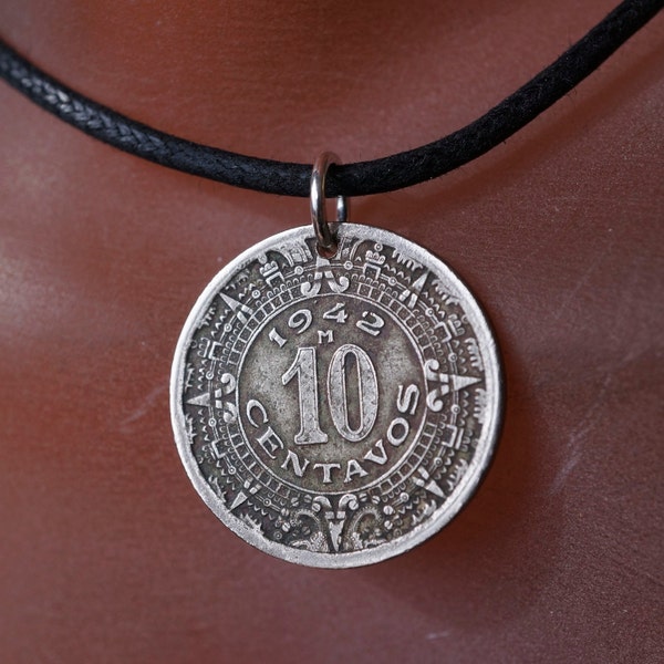 AZTEC CALENDAR necklace. mayan  coin necklace. MEXICO charm. mexican pendant .  Mens coin pendant No.00222