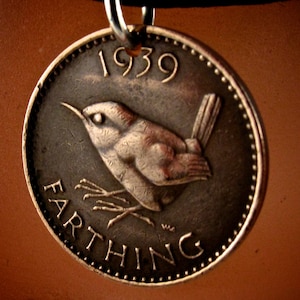 Bird coin necklace ENGLAND  FARTHING JENNY wren pendant  sterling bail . animal coin Choose  Year . personalize . No.00926