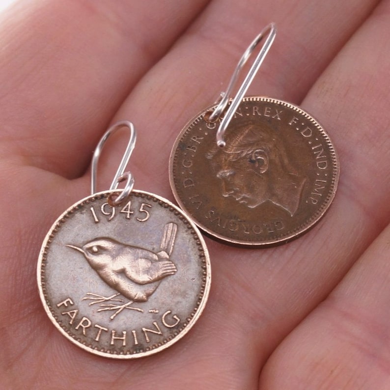 WREN EARRINGS. England earrings. bird coin earrings. jenny wren farthing earrings. coin jewelry. coin earrings No.00831 image 4