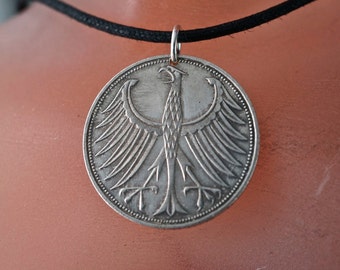 Joyería de monedas - Collar de monedas de MARCO ALEMÁN DE PLATA - Moneda de Alemania - Joyería de monedas de plata - Águila extendida - 1951, 1972 - Collar de monedas para hombre n.° 7