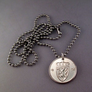 NORWAY JEWELRY. Norway coin NECKLACE. Norwegian pendant. ore . number 50. viking. lion. shield. norse. Norge. mens coin necklace No.001362 image 1