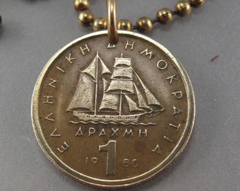 GRIEKENLAND Ketting | Griekse sieraden | Griekenland munthanger | bootbedelketting | zeilen |  drachme | herenhanger nr. 001499