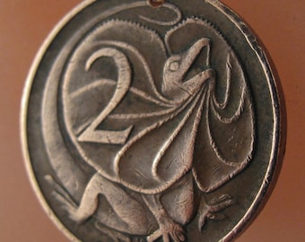 Reptile Necklace. Lizard Pendant. Australia Coin Jewelry Lizard Necklace. Boys Pendant.Australian Coin Frilled Lizard No.001072