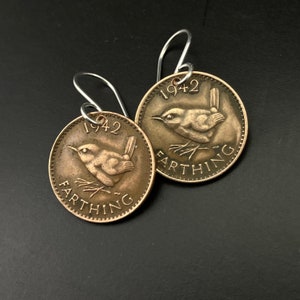 WREN EARRINGS. England earrings. bird coin earrings. jenny wren farthing earrings. coin jewelry. coin earrings  No.00831