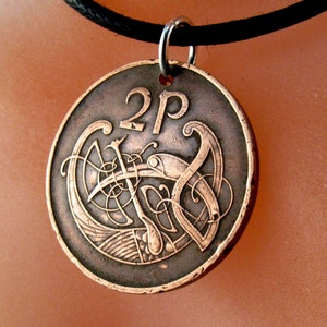 IRISH COIN Necklace Ireland coin celtic bird knot pendant eire. 2p pence love knot . mens jewelry. CHOOSE year key ring charm image 1