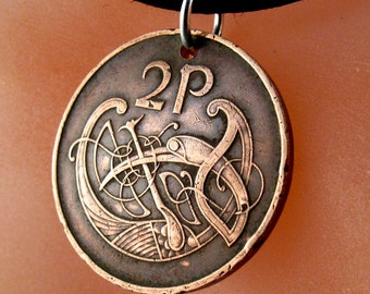 IRISH COIN Necklace Ireland coin celtic bird knot pendant eire. 2p pence love knot . mens jewelry.  CHOOSE year key ring charm