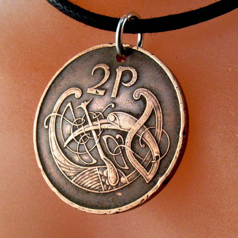 IRISH COIN Necklace Ireland coin celtic bird knot pendant eire. 2p pence love knot . mens jewelry. CHOOSE year key ring charm image 1