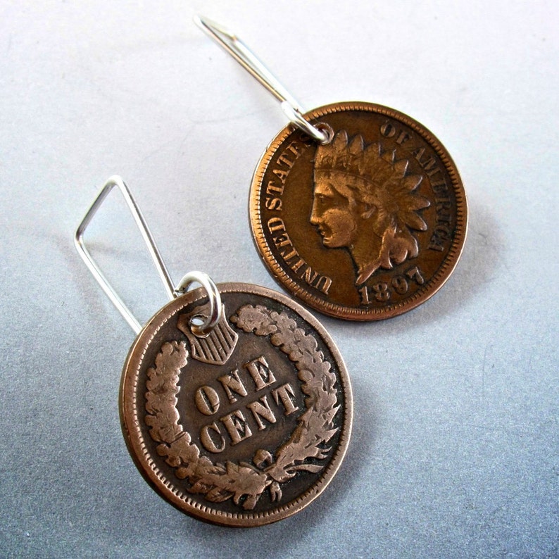 Vintage PENNY-örhängen. Antika penny-smycken. Amerikanskt indianhuvud. Vetepenny. USA-smycken, gåva nr 00834 bild 2